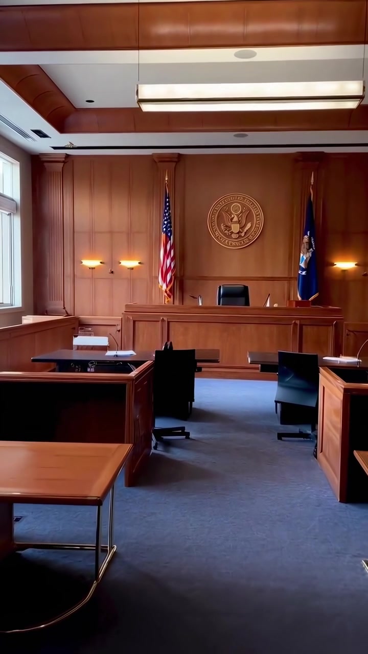 Aula di tribunale vuota con il banco del giudice, il box della giuria e i tavoli degli avvocati