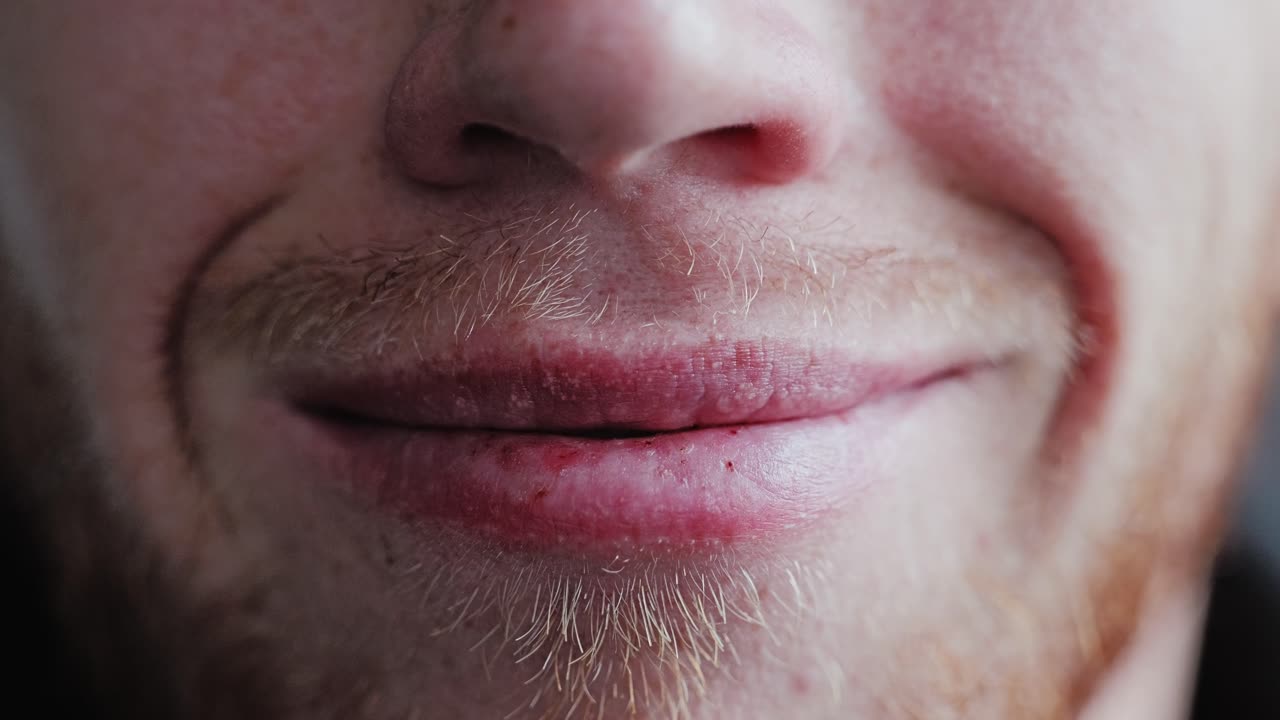 Un primo piano macro rivela la barba incolta e la texture realistica della pelle del viso di un uomo