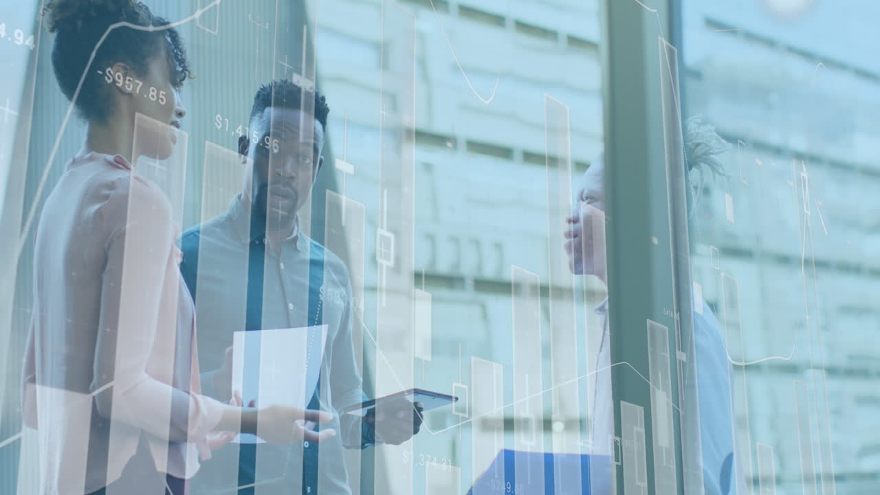 Animation of data processing over diverse business people in office