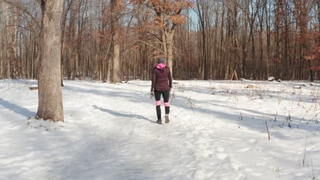 gimbal following woman walking alone on snowy winter forest path