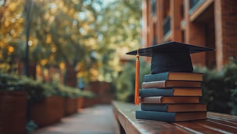 graduation cap on books