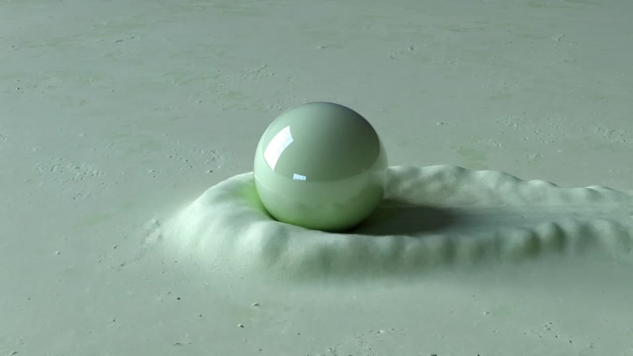 Sinking glossy pale green sphere pressing into studio table, causing ring and rightward ripples