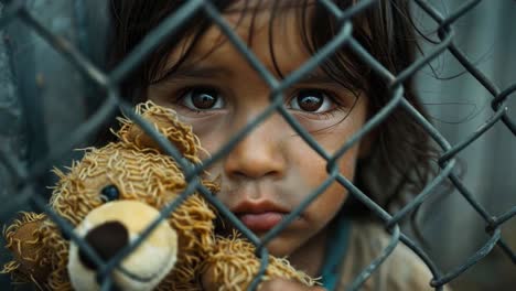 a child behind a fence with a teddy bear