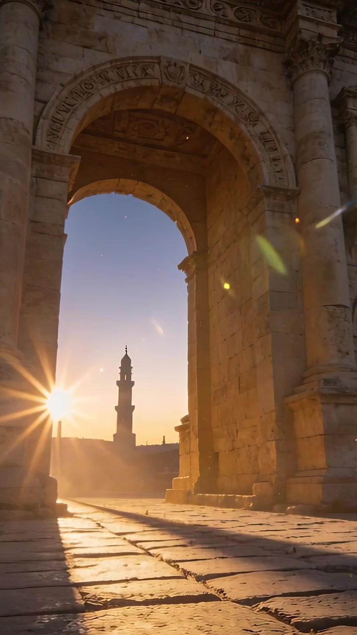 Video verticale: Il sole nascente invia raggi caldi, proiettando luce attraverso un arco intagliato su un minareto e una piazza.