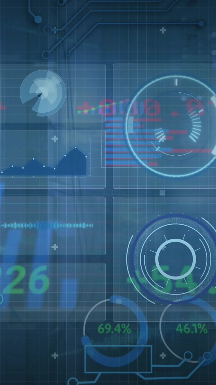 Animation of infographic interface with trading board over circuit board pattern in background