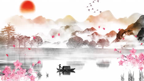 Mysterious-landscape-China's-traditional-style-plum-blossom-fantasy-animation-material-Oriental-Digital-Art-animation,-Chinese-retro-painting-ink-misty-mountain-with-flowers,-tree,-bird-river-in-fog