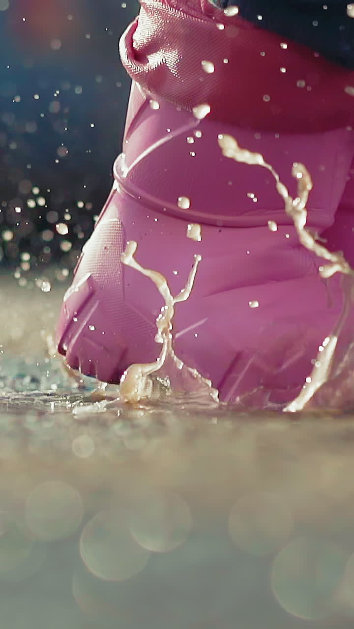 slow motion extreme closeup child in pink rubber waterproof boots jumps into puddle after raining in sunny weather, splashing fun up and out of side of fountain in green park in summer