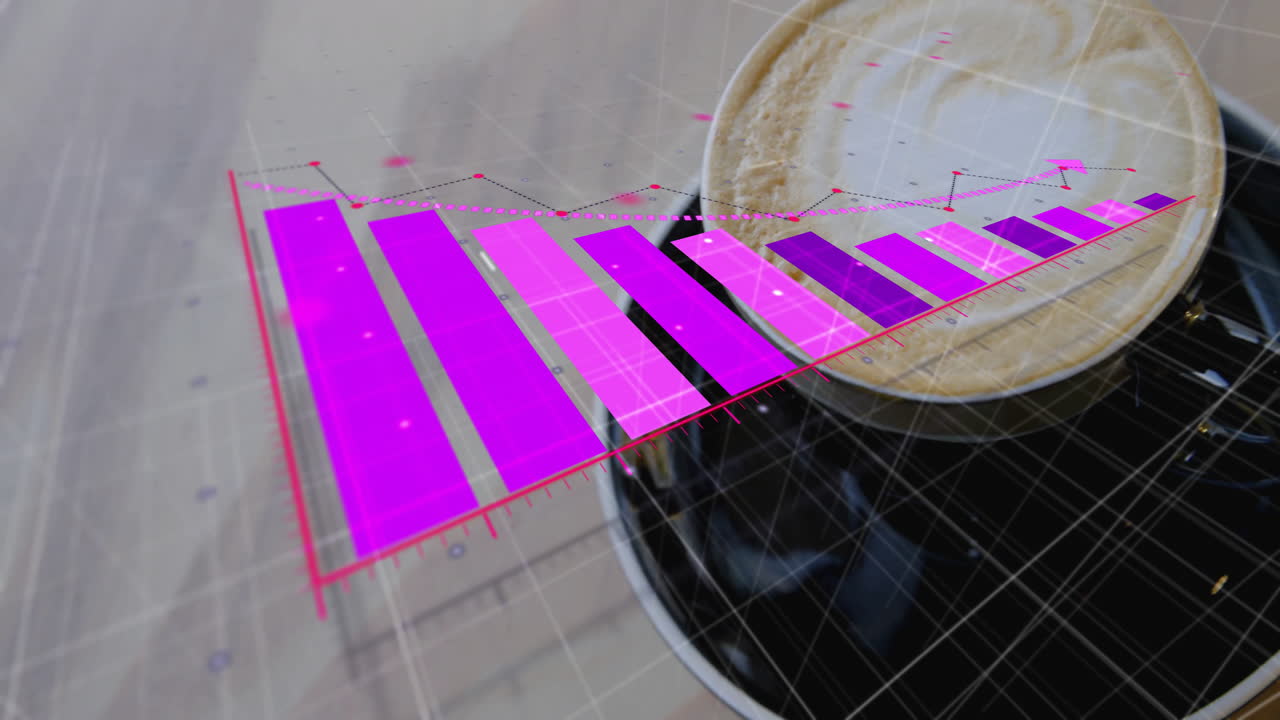 Holographic 3D bar chart projecting onto tabletop grid, showing descending neon bars with latte cup
