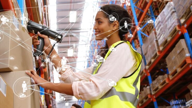 Animation of data processing over man working in warehouse