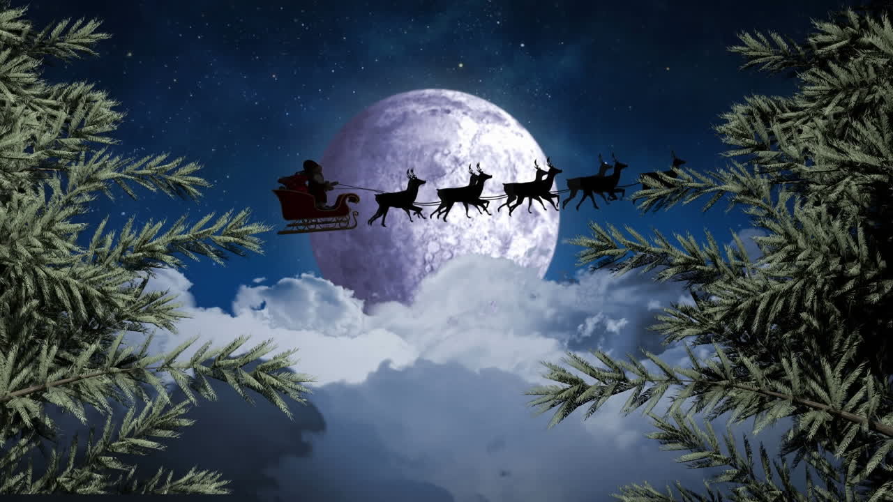 겨울 풍경 과 달 위 에 렌더 와 함께  ⁇ 매 를 타고 있는 산타클로스 의 애니메이션