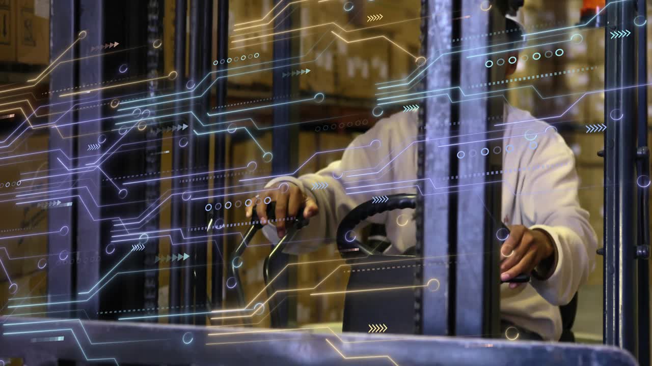 Male forklift operator navigating warehouse logistics, showing floating circuit overlays on mast