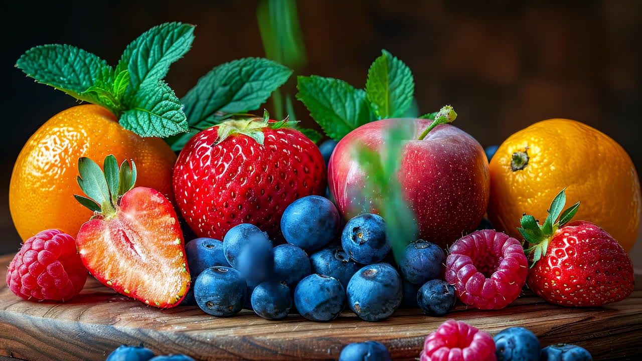 Vibrant fruit on wood. A vibrant assortment of fresh fruits including strawberries, blueberries, oranges, and mint leaves on a wooden surface
