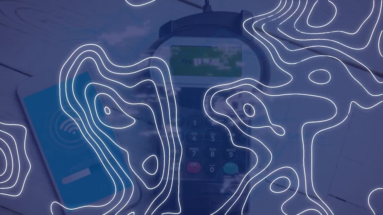 Animation of white map lines over smartphone and payment terminal on blue background