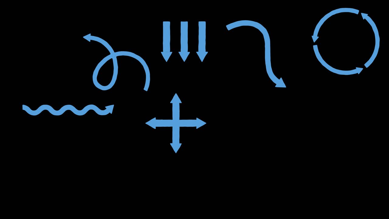 Blue arrow icons animate in, shift positions, and morph shapes on a solid black background