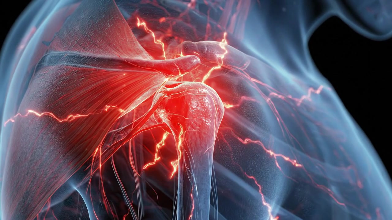 Human Shoulder Joint Highlighted Red in Detailed Medical Anatomy Visualization