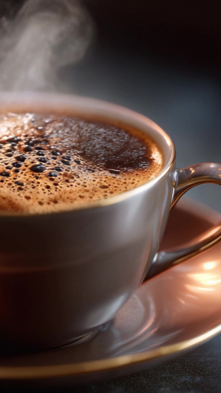 En smukt udformet kop varm kaffe med rig aroma og dampende skum, fanget i fantastiske detaljer for at fremhæve den trøstende essens af kaffekulturen