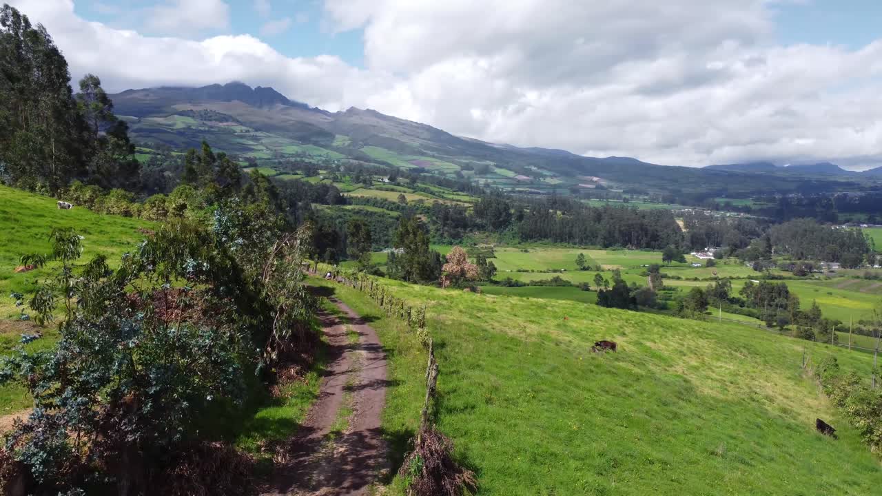 Sorvolo aereo con drone lungo una strada di fattoria lattiero-casearia, passando accanto a mucche sulle pendici del vulcano Pasochoa, quartiere di Puichig, mostrando la valle di Machachi, Cantone Mejía, Provincia di Pichincha, Ecuador.
