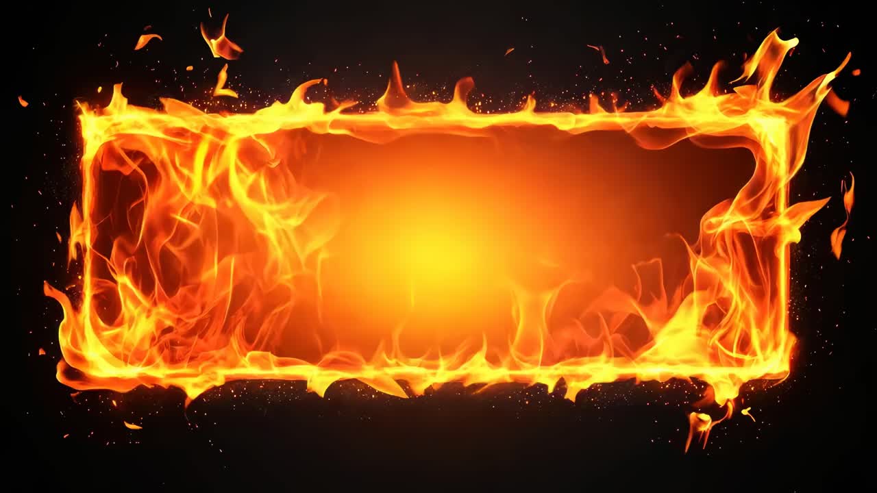 Fiery rectangular frame with flames, viewed from a straight-on angle, creating a dynamic, intense