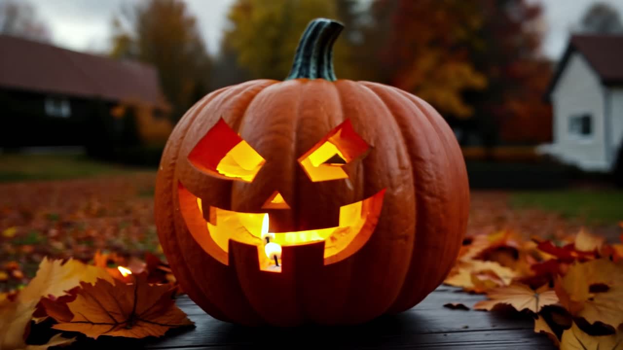 Halloween pumpkin with carved face and glowing candle inside