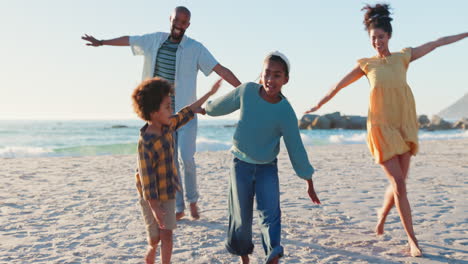 running, airplane and happy family at the beach