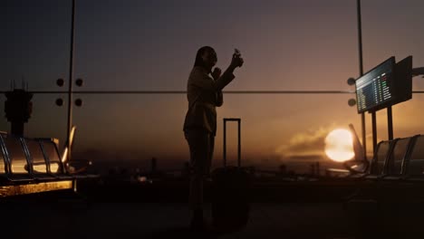 full body of asian businesswoman with rolling suitcase in boarding lounge at the airport, make selfie by smartphone while waiting for flight, airplane takes off outside the window