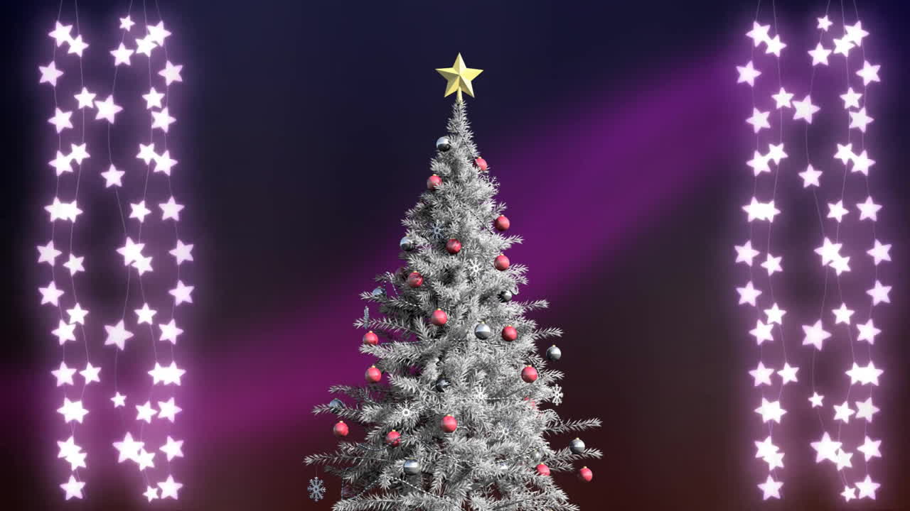 겨울 풍경 배경에서 크리스마스 트리 위의 별 요정 불빛의 애니메이션