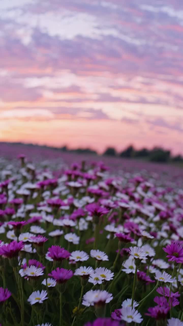 A low-angle video captures a vibrant field of pink and white flowers under a pastel sunset sky
