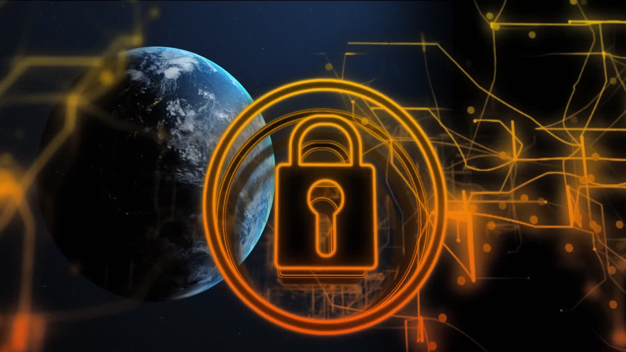 Animation of padlock over globe on black background