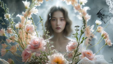 ethereal woman surrounded by pink flowers