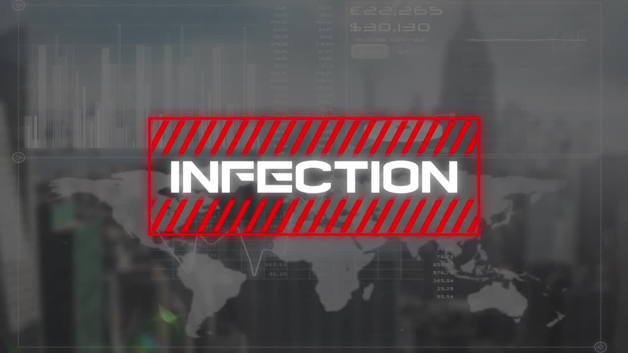 데이터 처리 및 세계 지도에 대한 코로나 19 경고 텍스트의 애니메이션