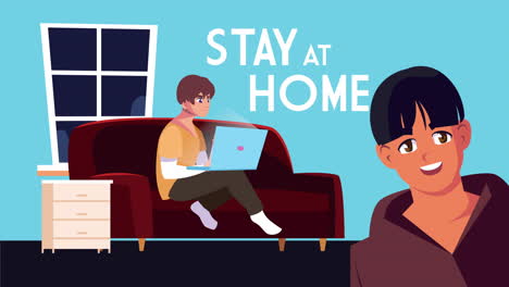 men using laptop work at home campaign animation