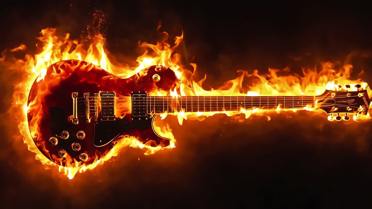 Eine Gitarre in Flammen auf schwarzem Hintergrund
