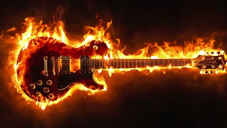 a guitar in flames on a black background