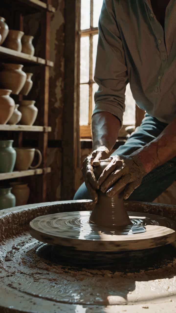 A close-up video captures hands shaping clay on a pottery wheel, bathed in warm light