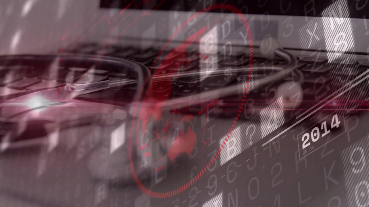Red HUD ring shifting stethoscope advancing diaphragm shining data timeline flowing showing medtech