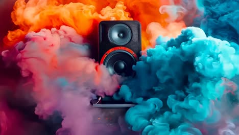 a pair of speakers sitting on top of a colorful smoke filled background