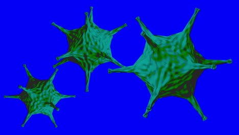 representaciones 3d de células del virus coronavirus o covid-19 a través de un microscopio con fondo de pantalla azul para reemplazo