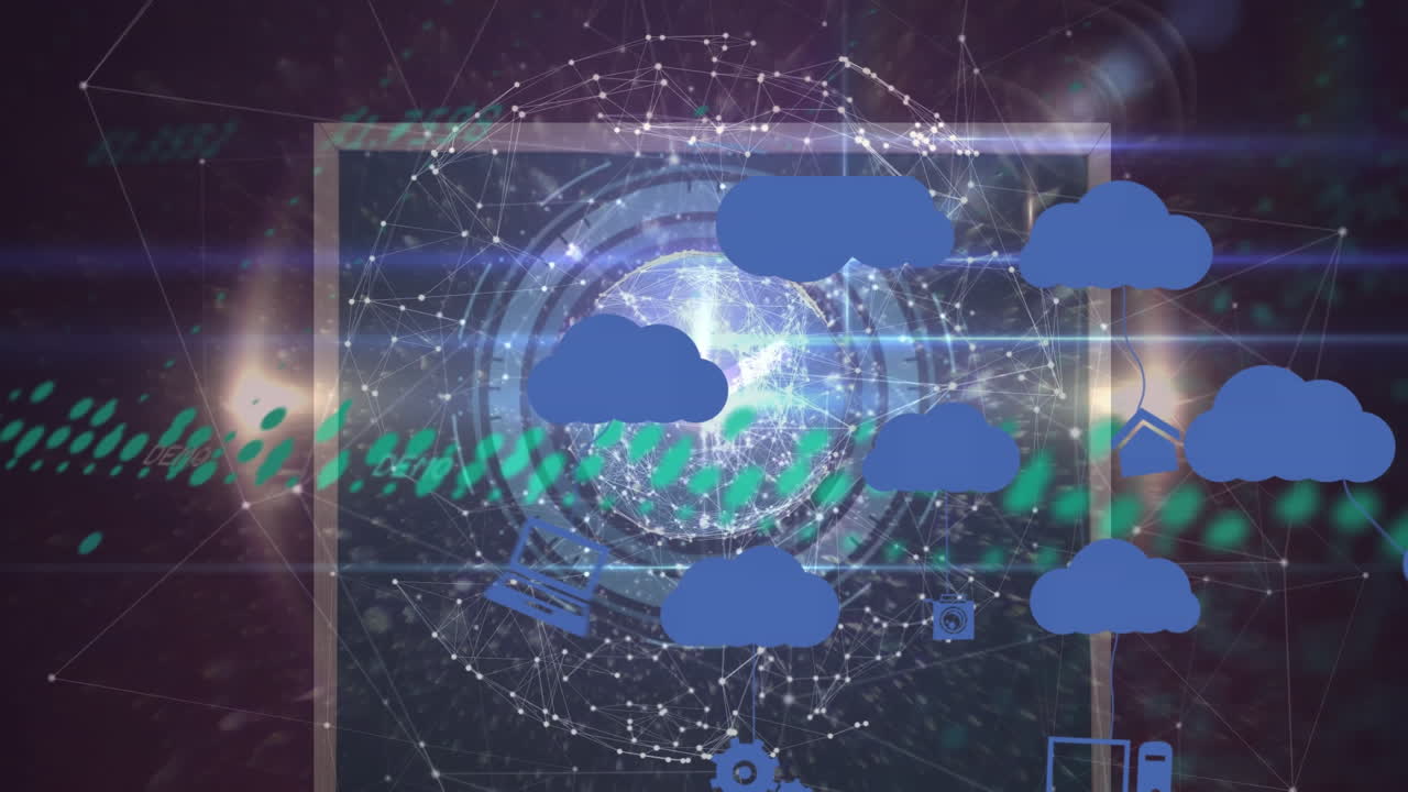 animación de puntos que forman un globo, reloj digital con formas abstractas e íconos colgados en nubes.