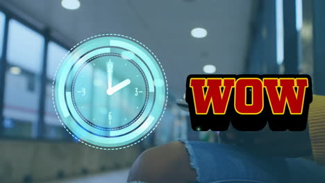 clock animation and wow text over person sitting in modern hallway