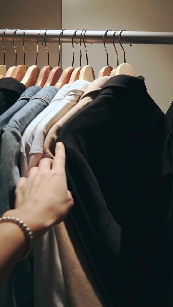 Video vertical: Manos entrando en el riel deslizante del armario, apartando la ropa, inspeccionando, mostrando una pulsera