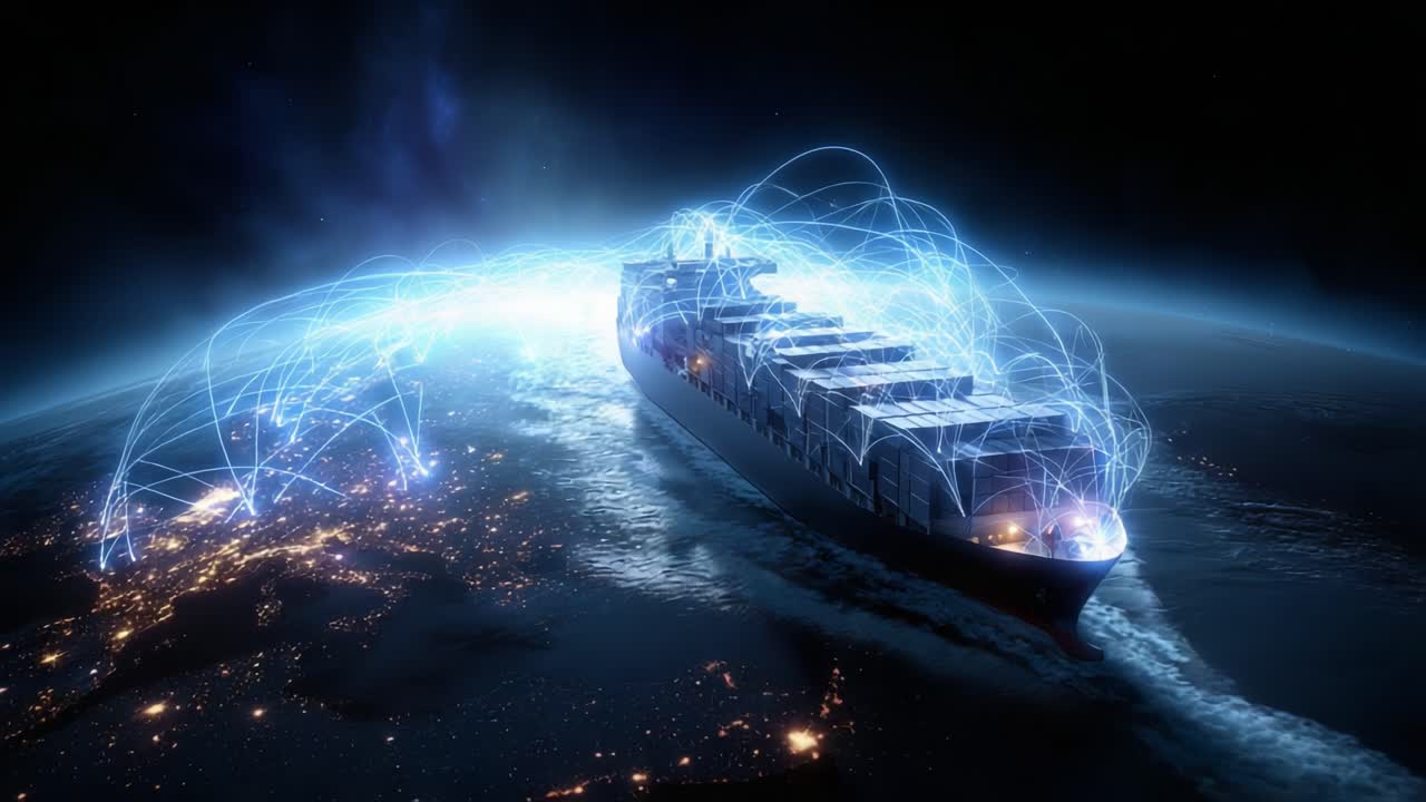 An Innovative Container Ship Navigating the Globe with Advanced Connectivity and Data Transmission Networks Illuminating the Ocean's Surface