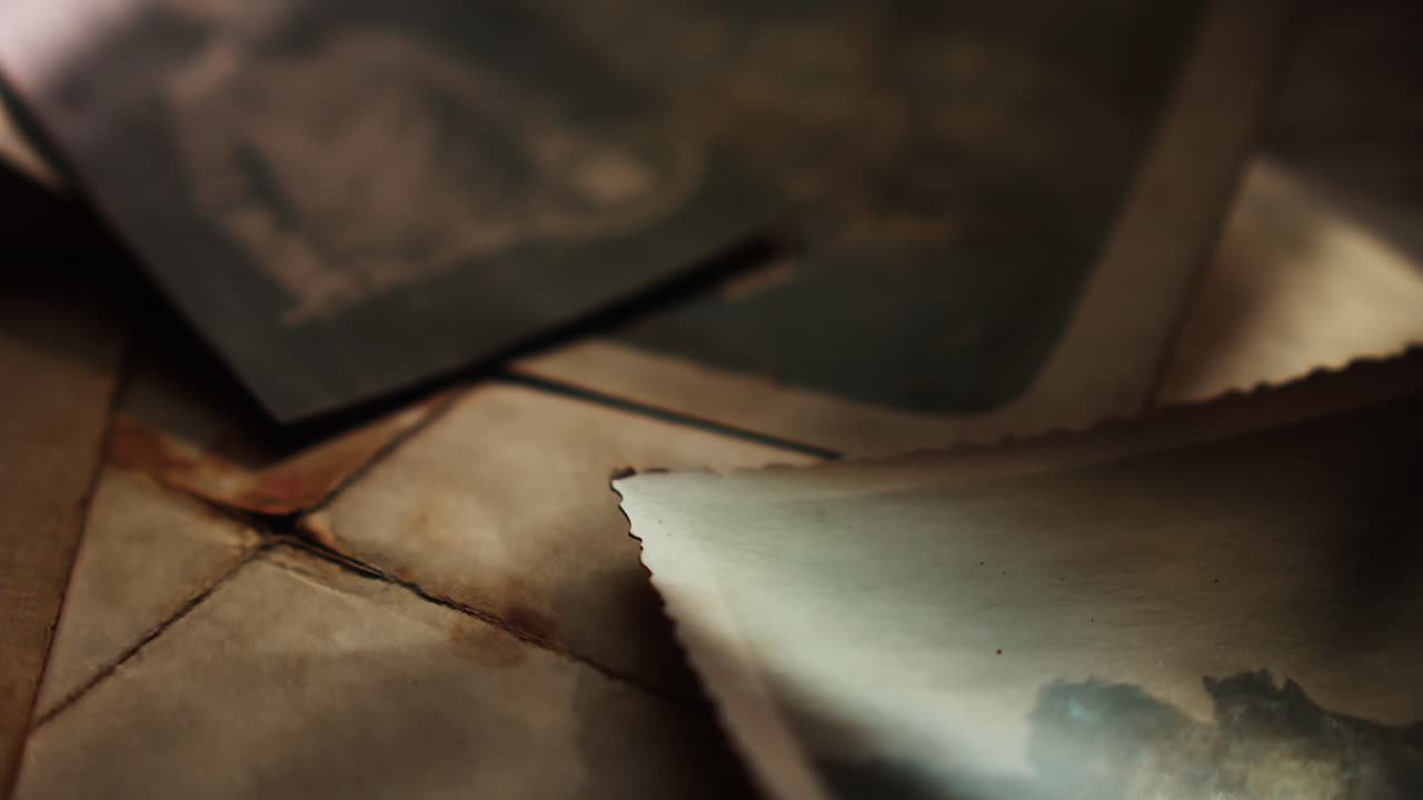 Close-up of black and white heritage photographs scattered on a table. Warm sunlight through curtains creates a nostalgic mood of family history