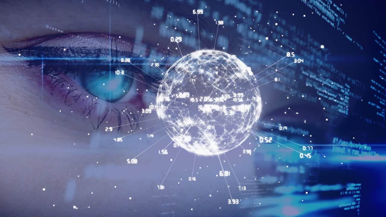 코드와 디지털 글로브를 보는 파란 눈의 여성