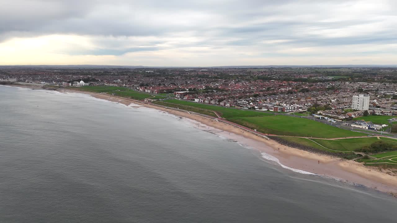 Aerial drone view Whitley Bay seaside beach british town city english city tyne and wear north east england coastline