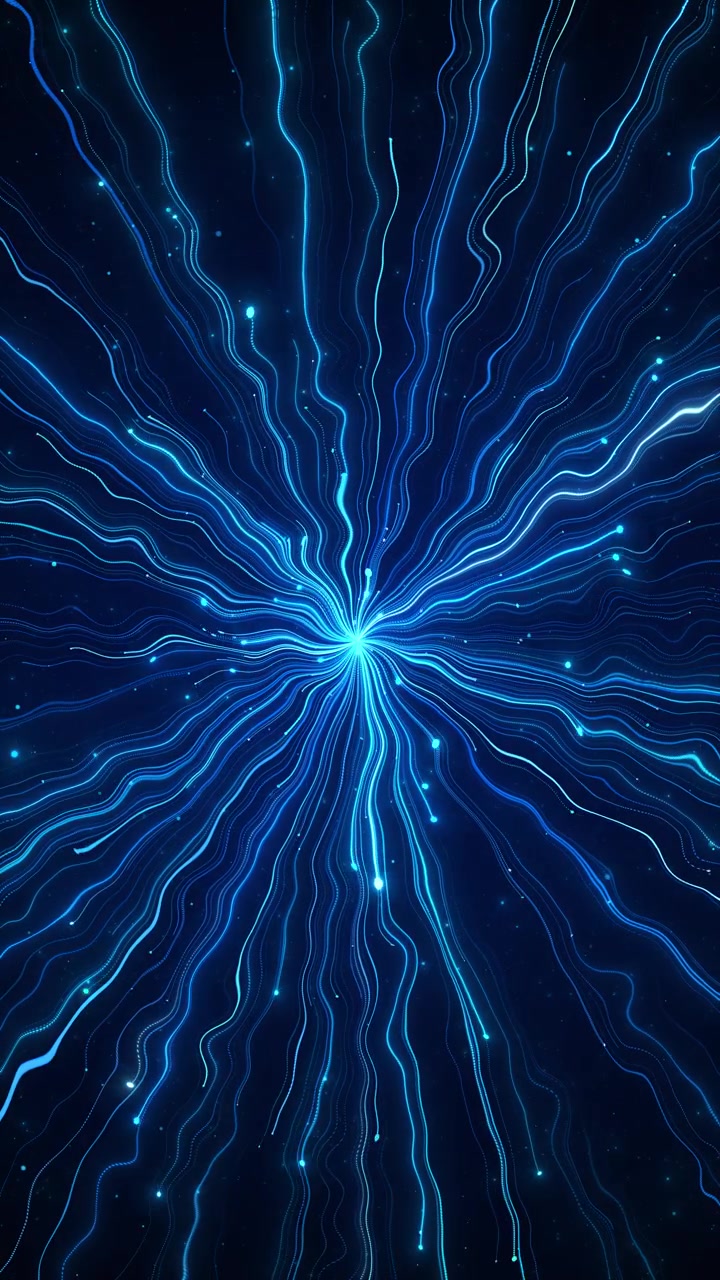 Futuristic blue energy stream animation with flowing curved lines bright center glow particle dots