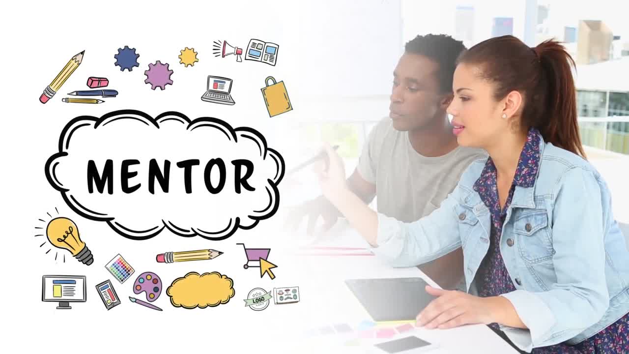 animación del texto del mentor sobre diversas personas de negocios discutiendo