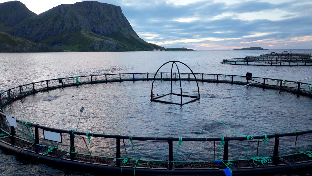 해가 지는 노르웨이 해안을 따라 생선 양육 케이지