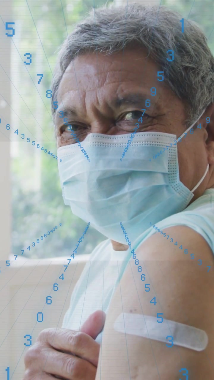 Vertical video: Man showing bandage after shot confirming vax for health blue overlay moving on arm