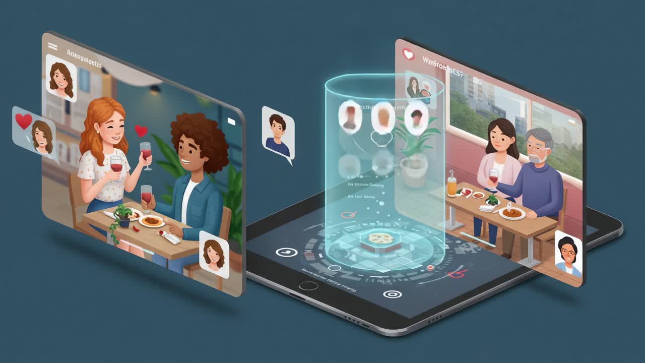 Exploring Virtual Connections: A Depiction of Two Couples Enjoying Dining Experiences While Engaging Through Digital Interfaces and Social Interactions