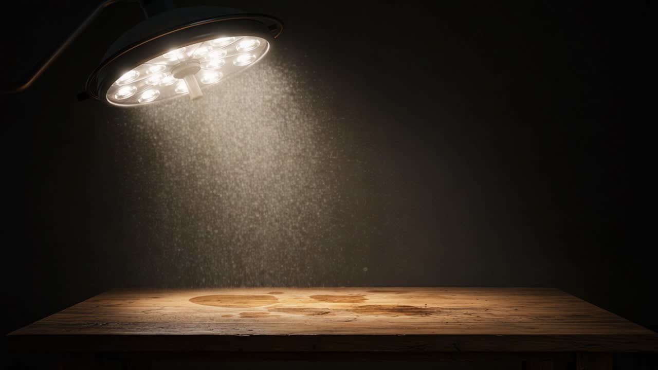 Illuminated Table Surface: A Close-Up Perspective of an Atmospheric Scene Featuring a Bright Light Source and Textured Wood Underneath Dust Particles